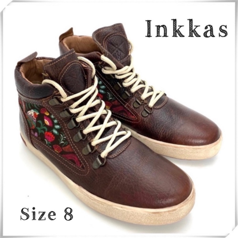 Inkkas Rooster Floral Camping Leather Hi Top Hiking Boot Sneakers Brown Size 8